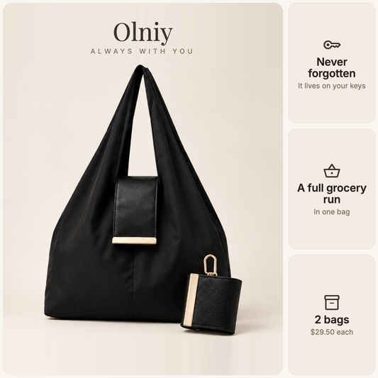 Olniy Keychain Tote in black nylon with its clip pouch, next to three cards: it lives on your keys, it holds a full grocery run, it folds back in two seconds