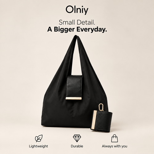 Olniy keychain tote in black with its folded pouch