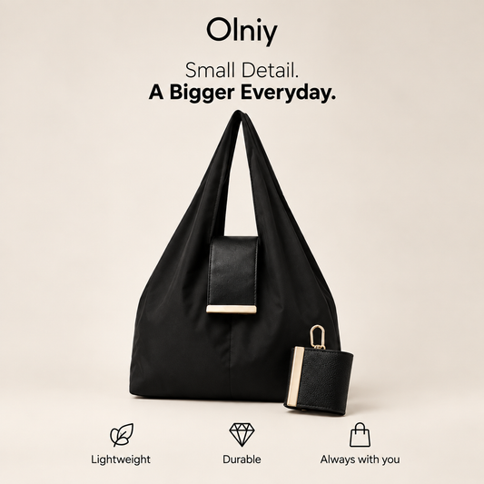 Olniy keychain tote in black with its folded pouch