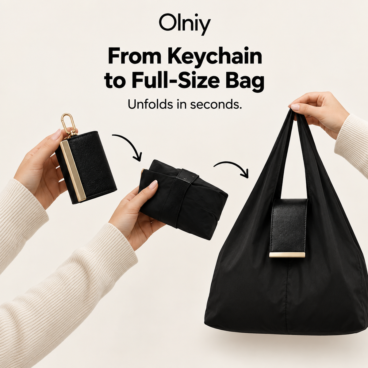 Olniy unfolds from keychain to full-size bag