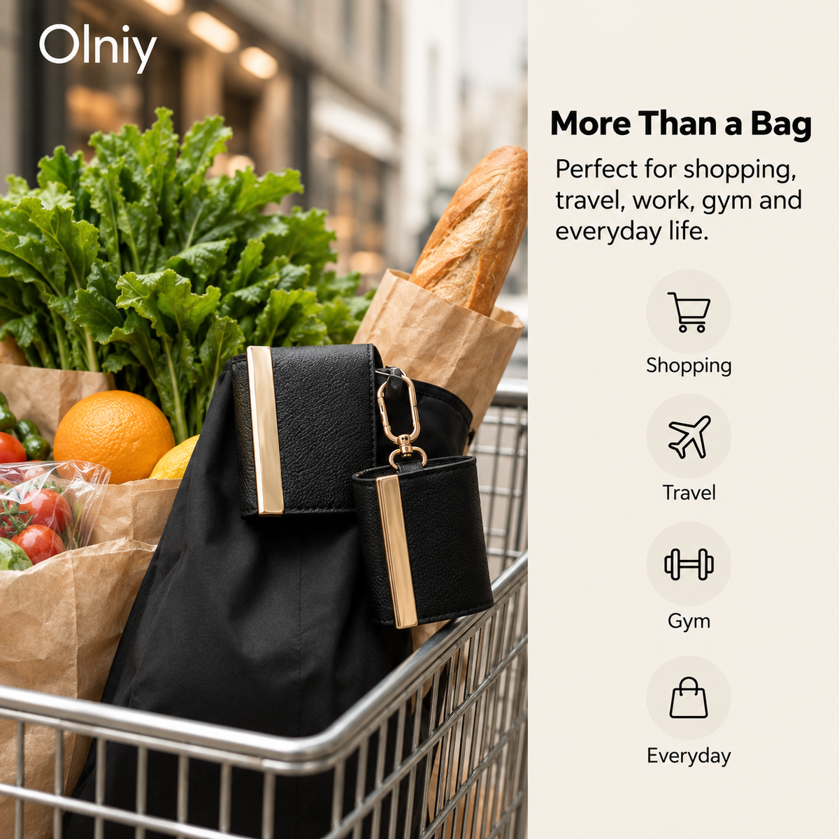 Olniy tote full of groceries in a shopping cart