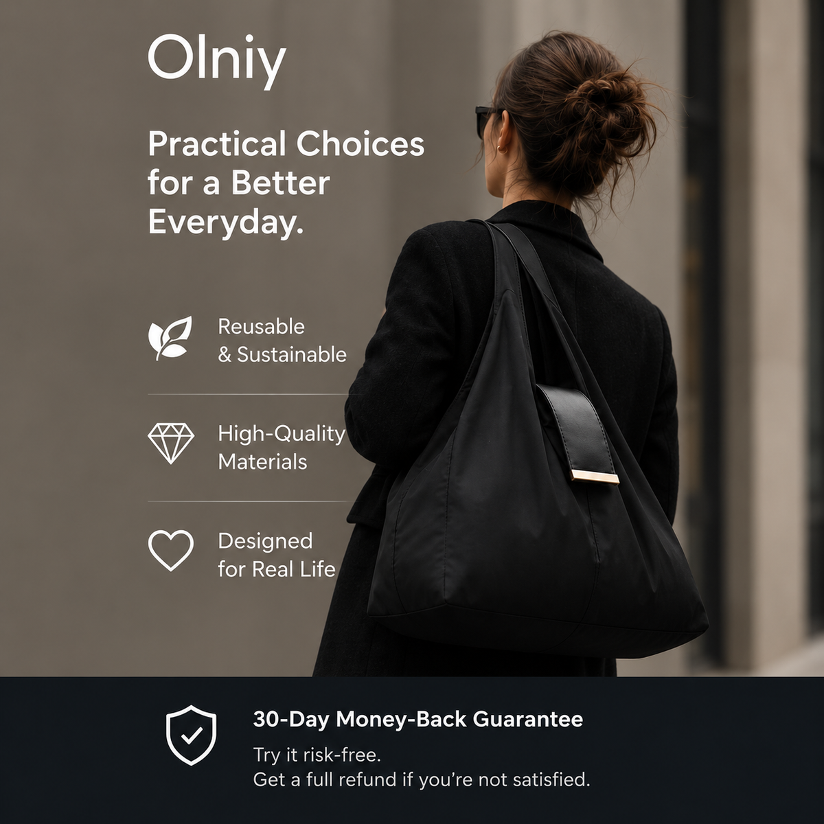 Woman carrying the Olniy tote, 30-day money-back guarantee